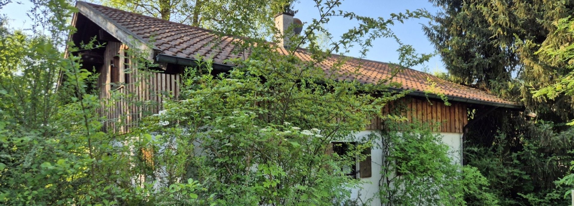 Das Ferienhaus 22 mit Ziegeldach und Garten, eingewachsen zwischen Sträuchern